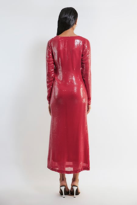 Deme By Gabriella Red Sequins Open Neck Marria Embroidered Dress Online at Aza Fashions Deme By Gabriella_Red Sequins Open Neck Marria Embroidered Dress _Online_at_Aza_Fashions