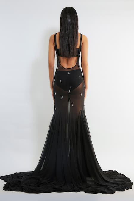Deme By Gabriella Black Net Crystals Round Neck Agata Embellished Gown Online at Aza Fashions Deme By Gabriella_Black Net Crystals Round Neck Agata Embellished Gown _Online_at_Aza_Fashions