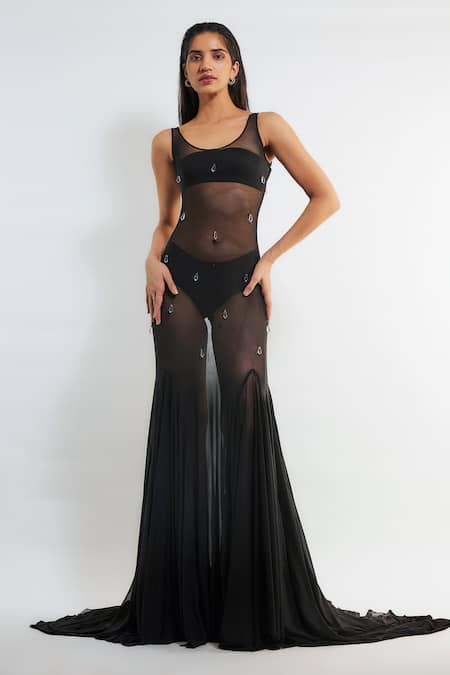 Buy Deme By Gabriella Black Net Crystals Round Neck Agata Embellished Gown Online at Aza Fashions Buy_Deme By Gabriella_Black Net Crystals Round Neck Agata Embellished Gown _Online_at_Aza_Fashions