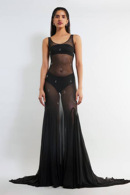 Shop Deme By Gabriella Black Net Crystals Round Neck Agata Embellished Gown Online at Aza Fashions Shop_Deme By Gabriella_Black Net Crystals Round Neck Agata Embellished Gown _Online_at_Aza_Fashions
