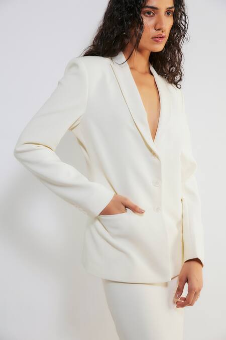 Deme By Gabriella White Silk Lena Shawl Collar Blazer And Skirt Set Online at Aza Fashions Deme By Gabriella_White Silk Lena Shawl Collar Blazer And Skirt Set _Online_at_Aza_Fashions