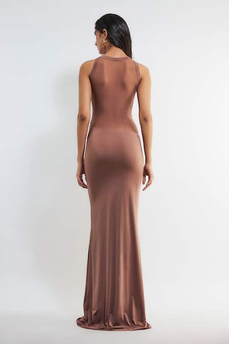 Deme By Gabriella Pink Net, Lycra Boat Neck Tammy Ruched Gown Online at Aza Fashions Deme By Gabriella_Pink Net, Lycra Boat Neck Tammy Ruched Gown _Online_at_Aza_Fashions