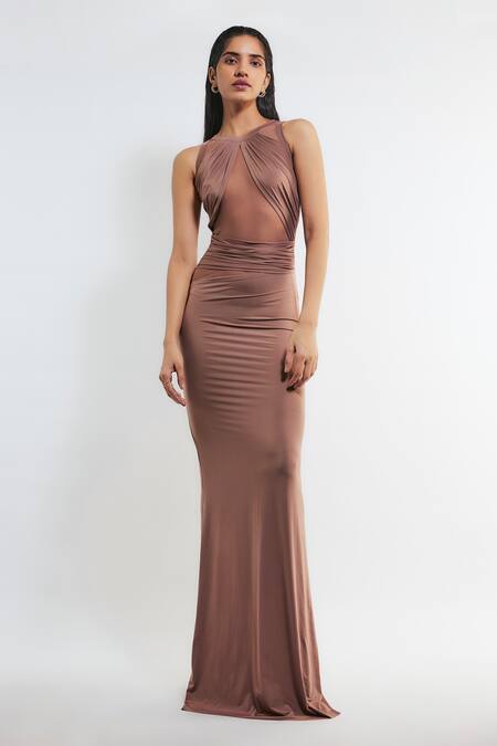 Buy Deme By Gabriella Pink Net, Lycra Boat Neck Tammy Ruched Gown Online at Aza Fashions Buy_Deme By Gabriella_Pink Net, Lycra Boat Neck Tammy Ruched Gown _Online_at_Aza_Fashions