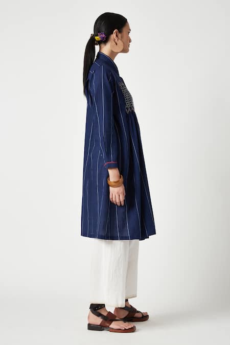 Payal Pratap Blue Cotton Smocked Shirt Collar Eden Bodice Tunic Online at Aza Fashions Payal Pratap_Blue Cotton Smocked Shirt Collar Eden Bodice Tunic _Online_at_Aza_Fashions