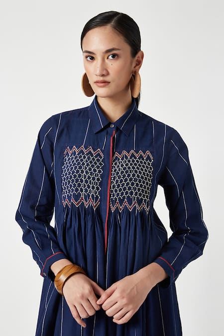 Buy Payal Pratap Blue Cotton Smocked Shirt Collar Eden Bodice Tunic Online at Aza Fashions Buy_Payal Pratap_Blue Cotton Smocked Shirt Collar Eden Bodice Tunic _Online_at_Aza_Fashions