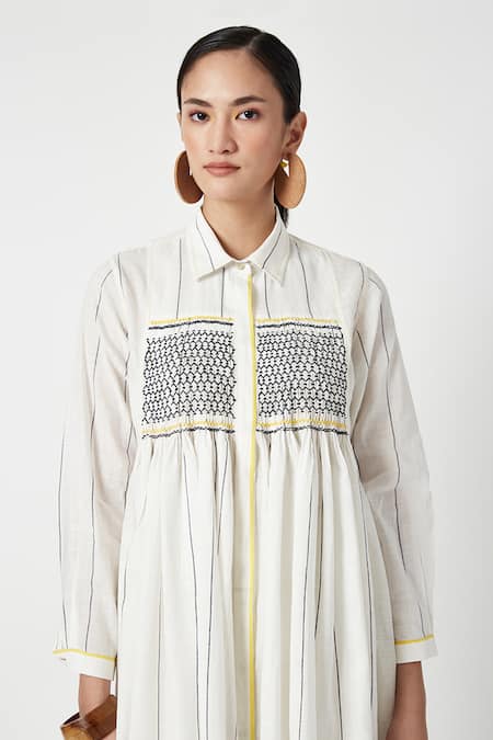Buy Payal Pratap White Cotton Smocked Shirt Collar Patios Tunic Online at Aza Fashions Buy_Payal Pratap_White Cotton Smocked Shirt Collar Patios Tunic _Online_at_Aza_Fashions