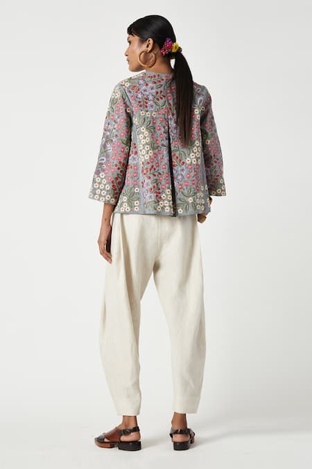 Shop Payal Pratap Grey Malka Cotton Embroidered Floral Round Thyme Blossom Jacket at Aza Fashions Shop_Payal Pratap_Grey Malka Cotton Embroidered Floral Round Thyme Blossom Jacket _at_Aza_Fashions
