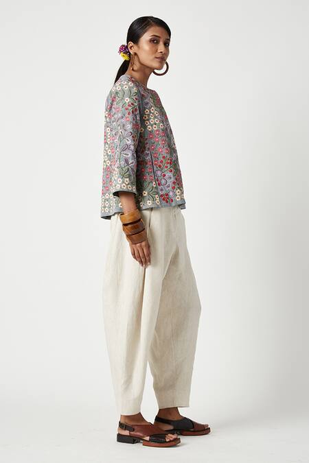 Payal Pratap Grey Malka Cotton Embroidered Floral Round Thyme Blossom Jacket Online at Aza Fashions Payal Pratap_Grey Malka Cotton Embroidered Floral Round Thyme Blossom Jacket _Online_at_Aza_Fashions