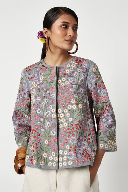 Buy Payal Pratap Grey Malka Cotton Embroidered Floral Round Thyme Blossom Jacket Online at Aza Fashions Buy_Payal Pratap_Grey Malka Cotton Embroidered Floral Round Thyme Blossom Jacket _Online_at_Aza_Fashions