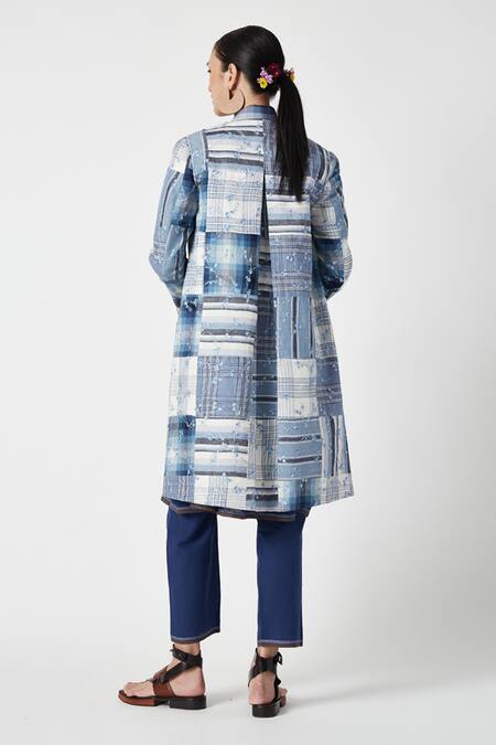 Shop Payal Pratap Blue Cotton Linen Embroidered Floral Shawl Collar Lobelia Patchwork Long Jacket at Aza Fashions Shop_Payal Pratap_Blue Cotton Linen Embroidered Floral Shawl Collar Lobelia Patchwork Long Jacket _at_Aza_Fashions