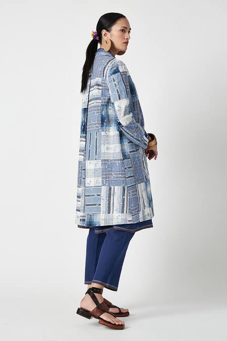 Payal Pratap Blue Cotton Linen Embroidered Floral Shawl Collar Lobelia Patchwork Long Jacket Online at Aza Fashions Payal Pratap_Blue Cotton Linen Embroidered Floral Shawl Collar Lobelia Patchwork Long Jacket _Online_at_Aza_Fashions