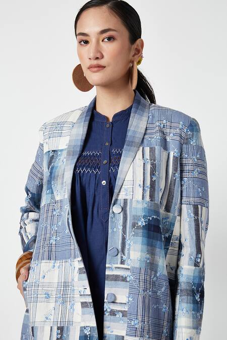 Buy Payal Pratap Blue Cotton Linen Embroidered Floral Shawl Collar Lobelia Patchwork Long Jacket Online at Aza Fashions Buy_Payal Pratap_Blue Cotton Linen Embroidered Floral Shawl Collar Lobelia Patchwork Long Jacket _Online_at_Aza_Fashions