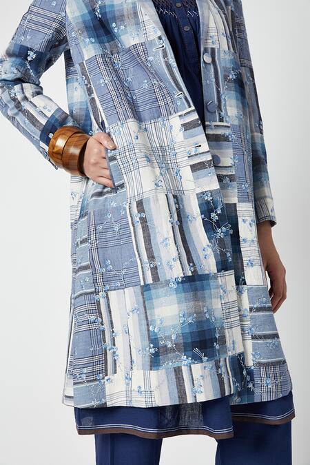 Shop Payal Pratap Blue Cotton Linen Embroidered Floral Shawl Collar Lobelia Patchwork Long Jacket Online at Aza Fashions Shop_Payal Pratap_Blue Cotton Linen Embroidered Floral Shawl Collar Lobelia Patchwork Long Jacket _Online_at_Aza_Fashions