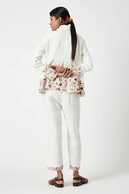 Shop Payal Pratap White Linen Embroidered Floral Flat Collar Crathes Blossom Jacket at Aza Fashions Shop_Payal Pratap_White Linen Embroidered Floral Flat Collar Crathes Blossom Jacket _at_Aza_Fashions
