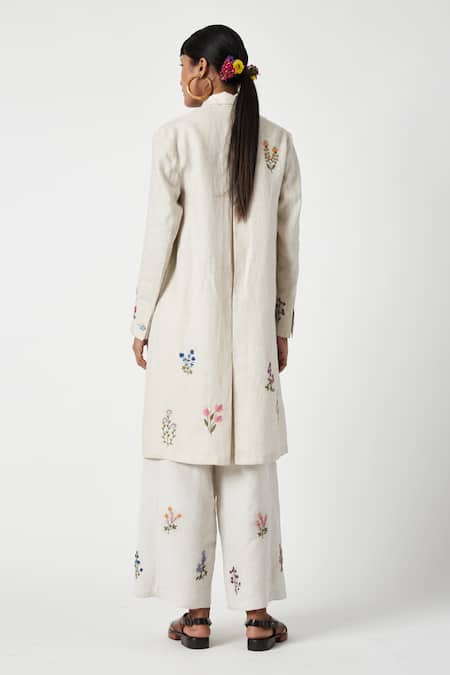Shop Payal Pratap Beige Linen Embroidered Floral Shawl Collar Madeira Blossom Long Jacket at Aza Fashions Shop_Payal Pratap_Beige Linen Embroidered Floral Shawl Collar Madeira Blossom Long Jacket _at_Aza_Fashions