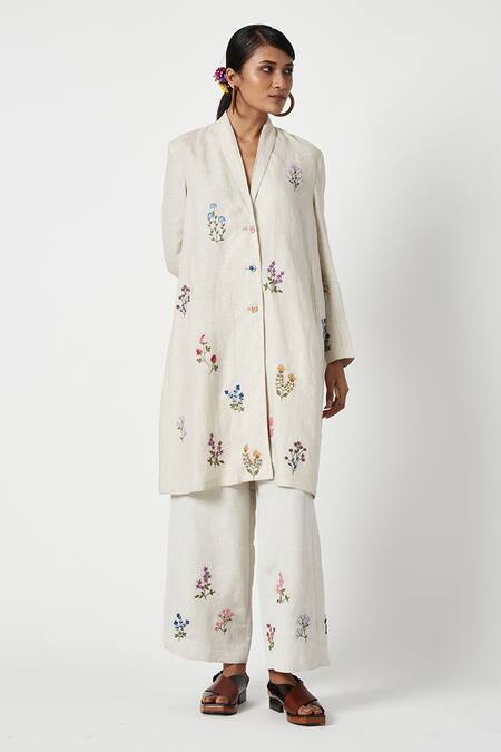 Payal Pratap Beige Linen Embroidered Floral Shawl Collar Madeira Blossom Long Jacket Online at Aza Fashions Payal Pratap_Beige Linen Embroidered Floral Shawl Collar Madeira Blossom Long Jacket _Online_at_Aza_Fashions