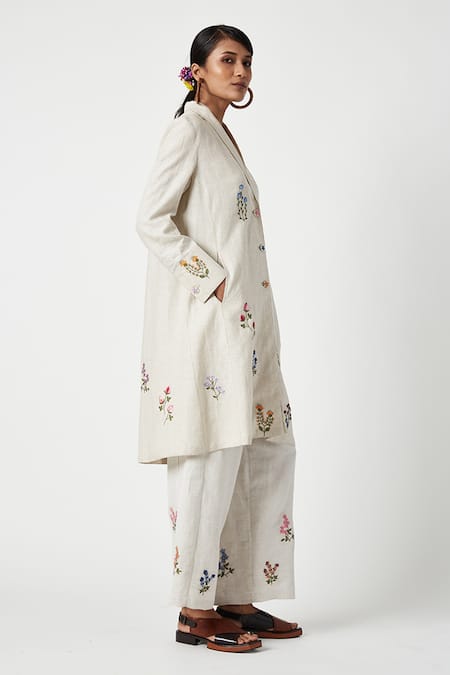 Buy Payal Pratap Beige Linen Embroidered Floral Shawl Collar Madeira Blossom Long Jacket Online at Aza Fashions Buy_Payal Pratap_Beige Linen Embroidered Floral Shawl Collar Madeira Blossom Long Jacket _Online_at_Aza_Fashions