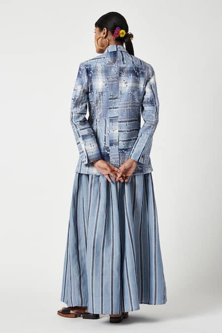 Shop Payal Pratap Blue Cotton Linen Embroidered Floral Lapel Collar Essen Patchwork Jacket at Aza Fashions Shop_Payal Pratap_Blue Cotton Linen Embroidered Floral Lapel Collar Essen Patchwork Jacket _at_Aza_Fashions
