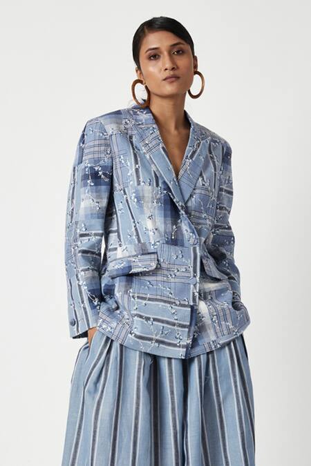 Payal Pratap Blue Cotton Linen Embroidered Floral Lapel Collar Essen Patchwork Jacket Online at Aza Fashions Payal Pratap_Blue Cotton Linen Embroidered Floral Lapel Collar Essen Patchwork Jacket _Online_at_Aza_Fashions