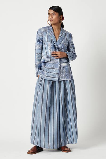 Shop Payal Pratap Blue Cotton Linen Embroidered Floral Lapel Collar Essen Patchwork Jacket Online at Aza Fashions Shop_Payal Pratap_Blue Cotton Linen Embroidered Floral Lapel Collar Essen Patchwork Jacket _Online_at_Aza_Fashions