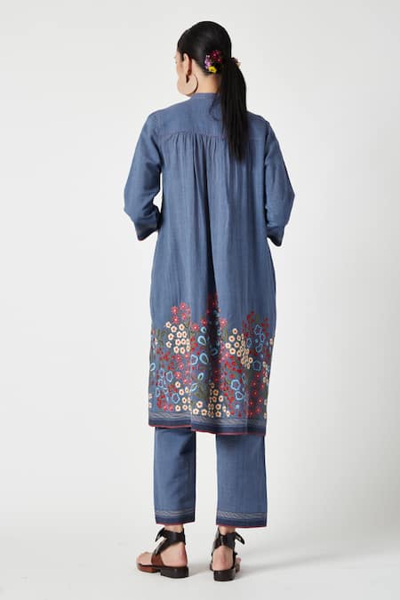 Shop Payal Pratap Blue Handloom Cotton Embroidery Mandarin Collar Alyssum Floral Kurta With Pant at Aza Fashions Shop_Payal Pratap_Blue Handloom Cotton Embroidery Mandarin Collar Alyssum Floral Kurta With Pant _at_Aza_Fashions