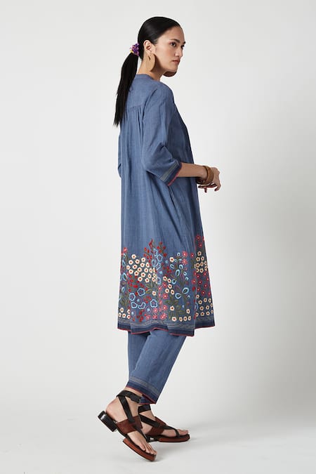 Payal Pratap Blue Handloom Cotton Embroidery Mandarin Collar Alyssum Floral Kurta With Pant Online at Aza Fashions Payal Pratap_Blue Handloom Cotton Embroidery Mandarin Collar Alyssum Floral Kurta With Pant _Online_at_Aza_Fashions
