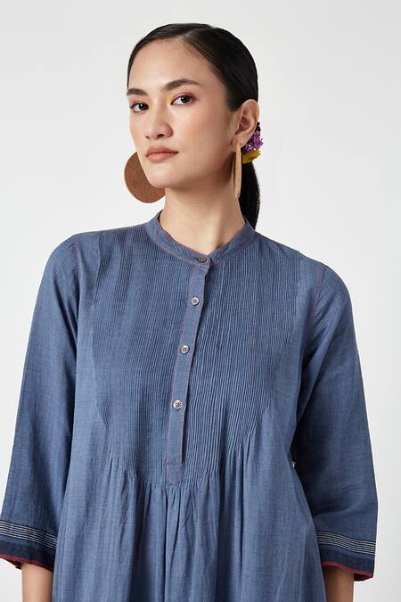 Buy Payal Pratap Blue Handloom Cotton Embroidery Mandarin Collar Alyssum Floral Kurta With Pant Online at Aza Fashions Buy_Payal Pratap_Blue Handloom Cotton Embroidery Mandarin Collar Alyssum Floral Kurta With Pant _Online_at_Aza_Fashions