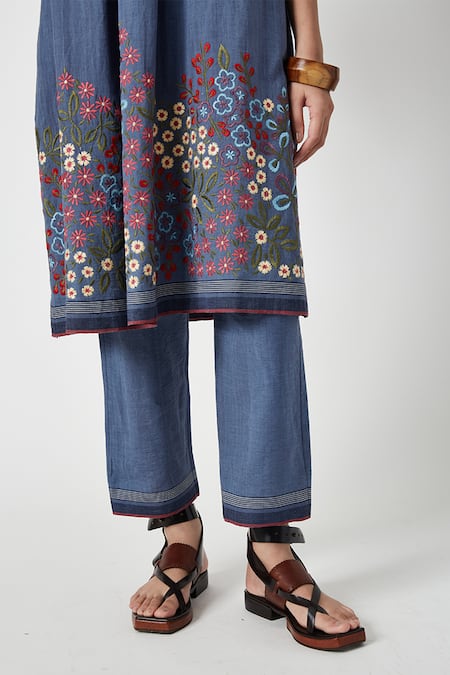 Shop Payal Pratap Blue Handloom Cotton Embroidery Mandarin Collar Alyssum Floral Kurta With Pant Online at Aza Fashions Shop_Payal Pratap_Blue Handloom Cotton Embroidery Mandarin Collar Alyssum Floral Kurta With Pant _Online_at_Aza_Fashions