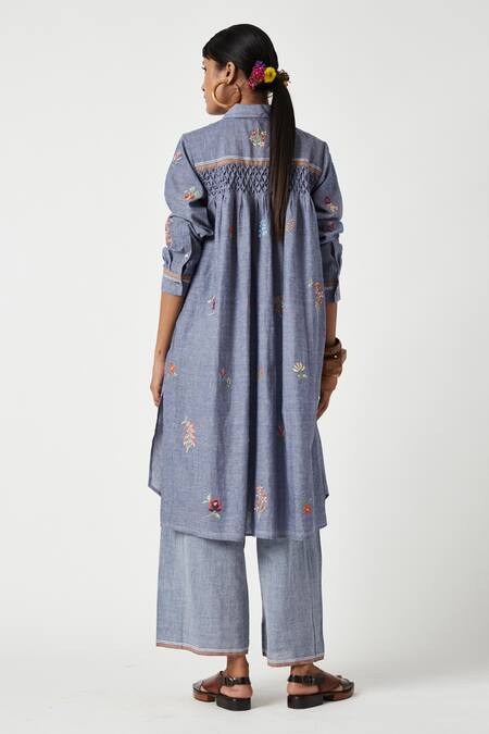 Shop Payal Pratap Blue Handloom Cotton Embroidery Shawl Neck Begonia Blossom Kurta With Pant at Aza Fashions Shop_Payal Pratap_Blue Handloom Cotton Embroidery Shawl Neck Begonia Blossom Kurta With Pant _at_Aza_Fashions