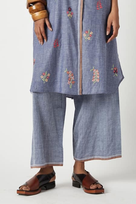 Payal Pratap Blue Handloom Cotton Embroidery Shawl Neck Begonia Blossom Kurta With Pant Online at Aza Fashions Payal Pratap_Blue Handloom Cotton Embroidery Shawl Neck Begonia Blossom Kurta With Pant _Online_at_Aza_Fashions