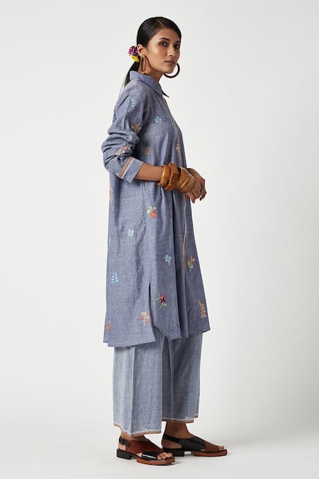 Buy Payal Pratap Blue Handloom Cotton Embroidery Shawl Neck Begonia Blossom Kurta With Pant Online at Aza Fashions Buy_Payal Pratap_Blue Handloom Cotton Embroidery Shawl Neck Begonia Blossom Kurta With Pant _Online_at_Aza_Fashions