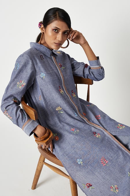 Shop Payal Pratap Blue Handloom Cotton Embroidery Shawl Neck Begonia Blossom Kurta With Pant Online at Aza Fashions Shop_Payal Pratap_Blue Handloom Cotton Embroidery Shawl Neck Begonia Blossom Kurta With Pant _Online_at_Aza_Fashions