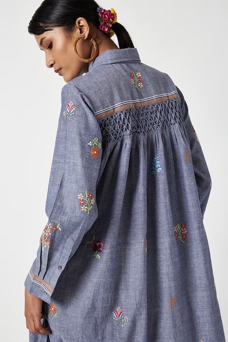 Payal Pratap Blue Handloom Cotton Embroidery Shawl Neck Begonia Blossom Kurta With Pant at Aza Fashions Payal Pratap_Blue Handloom Cotton Embroidery Shawl Neck Begonia Blossom Kurta With Pant _at_Aza_Fashions