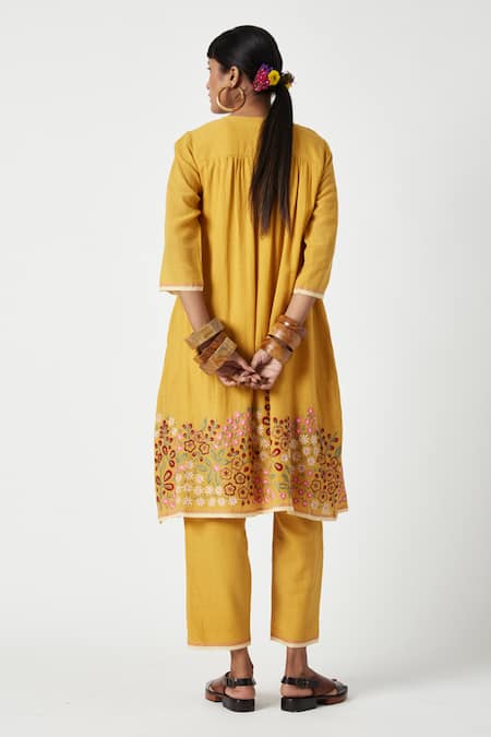 Shop Payal Pratap Yellow Cotton Embroidery Mandarin Collar Sedum Pleated Kurta With Pant at Aza Fashions Shop_Payal Pratap_Yellow Cotton Embroidery Mandarin Collar Sedum Pleated Kurta With Pant _at_Aza_Fashions