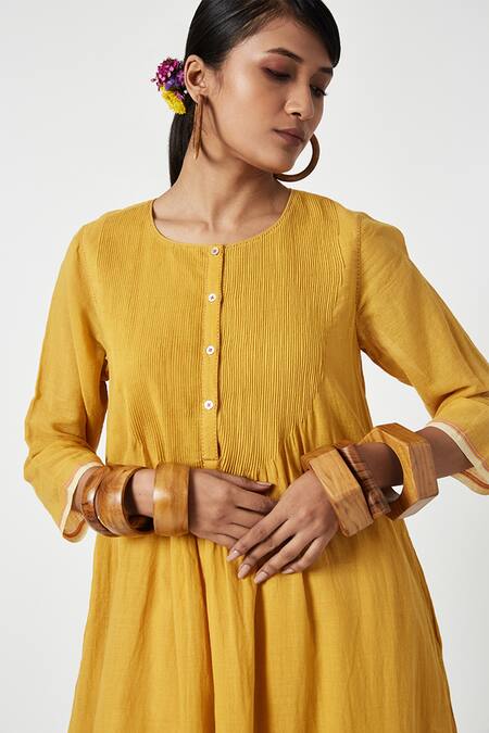 Buy Payal Pratap Yellow Cotton Embroidery Mandarin Collar Sedum Pleated Kurta With Pant Online at Aza Fashions Buy_Payal Pratap_Yellow Cotton Embroidery Mandarin Collar Sedum Pleated Kurta With Pant _Online_at_Aza_Fashions