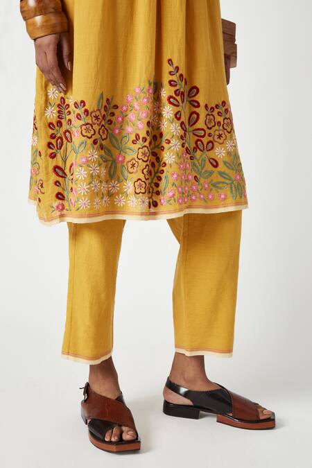 Shop Payal Pratap Yellow Cotton Embroidery Mandarin Collar Sedum Pleated Kurta With Pant Online at Aza Fashions Shop_Payal Pratap_Yellow Cotton Embroidery Mandarin Collar Sedum Pleated Kurta With Pant _Online_at_Aza_Fashions