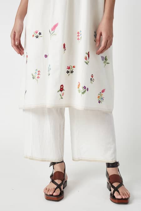 Shop Payal Pratap White Handloom Cotton Embroidery Shawl Neck Phlox Floral Sprig Kurta With Pant Online at Aza Fashions Shop_Payal Pratap_White Handloom Cotton Embroidery Shawl Neck Phlox Floral Sprig Kurta With Pant _Online_at_Aza_Fashions