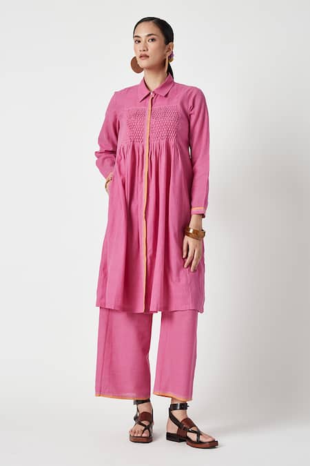 Payal Pratap Pink Cotton Smocked Shirt Collar Dianthus Bodice Kurta With Pant