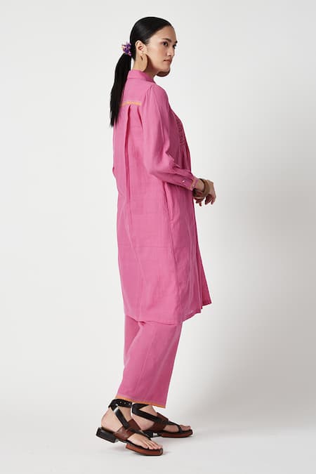 Shop Payal Pratap Pink Cotton Shawl Neck Dianthus Smocked Bodice Kurta With Pant at Aza Fashions Shop_Payal Pratap_Pink Cotton Shawl Neck Dianthus Smocked Bodice Kurta With Pant _at_Aza_Fashions