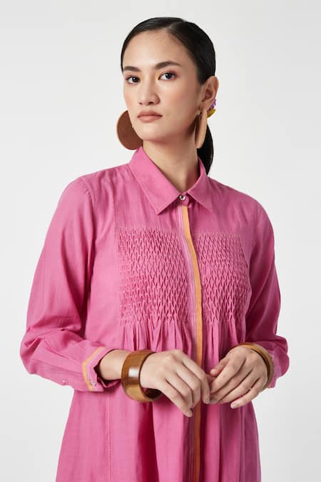 Shop Payal Pratap Pink Cotton Shawl Neck Dianthus Smocked Bodice Kurta With Pant Online at Aza Fashions Shop_Payal Pratap_Pink Cotton Shawl Neck Dianthus Smocked Bodice Kurta With Pant _Online_at_Aza_Fashions