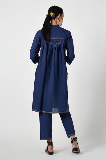 Shop Payal Pratap Blue Cotton Embroidery Mandarin Collar Smocked Kurta With Pant at Aza Fashions Shop_Payal Pratap_Blue Cotton Embroidery Mandarin Collar Smocked Kurta With Pant _at_Aza_Fashions