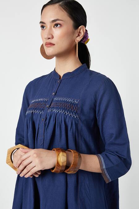 Shop Payal Pratap Blue Cotton Embroidery Mandarin Collar Smocked Kurta With Pant Online at Aza Fashions Shop_Payal Pratap_Blue Cotton Embroidery Mandarin Collar Smocked Kurta With Pant _Online_at_Aza_Fashions