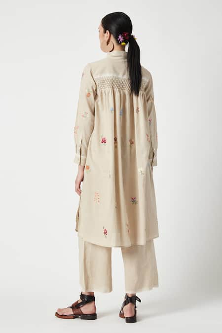 Shop Payal Pratap Beige Handloom Cotton Embroidery Collared Monet Kurta With Pant at Aza Fashions Shop_Payal Pratap_Beige Handloom Cotton Embroidery Collared Monet Kurta With Pant _at_Aza_Fashions