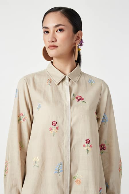 Shop Payal Pratap Beige Handloom Cotton Embroidery Collared Monet Kurta With Pant Online at Aza Fashions Shop_Payal Pratap_Beige Handloom Cotton Embroidery Collared Monet Kurta With Pant _Online_at_Aza_Fashions