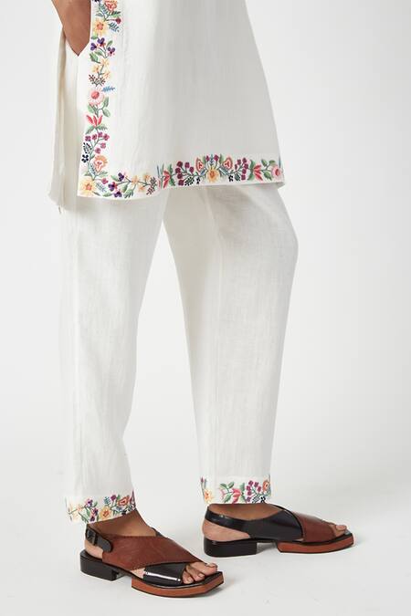 Buy Payal Pratap White Linen Embroidery Split V-neck Jardin Floral Vine Kurta Pant Set Online at Aza Fashions Buy_Payal Pratap_White Linen Embroidery Split V-neck Jardin Floral Vine Kurta Pant Set _Online_at_Aza_Fashions
