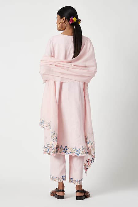 Shop Payal Pratap Pink Linen Embroidery Split V-neck Sally Vine Kurta Pant Set at Aza Fashions Shop_Payal Pratap_Pink Linen Embroidery Split V-neck Sally Vine Kurta Pant Set _at_Aza_Fashions