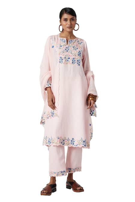 Payal Pratap Pink Linen Embroidery Split V-neck Sally Vine Kurta Pant Set Online at Aza Fashions Payal Pratap_Pink Linen Embroidery Split V-neck Sally Vine Kurta Pant Set _Online_at_Aza_Fashions