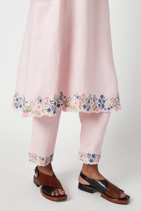 Buy Payal Pratap Pink Linen Embroidery Split V-neck Sally Vine Kurta Pant Set Buy_Payal Pratap_Pink Linen Embroidery Split V-neck Sally Vine Kurta Pant Set