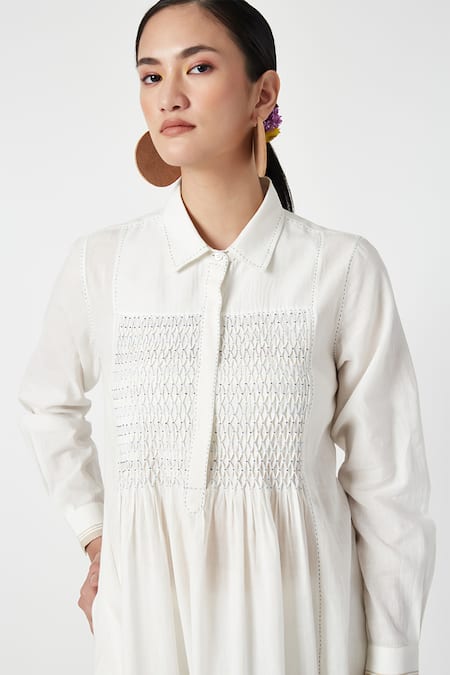Buy Payal Pratap White Handloom Cotton Embroidery Shawl Neck Lithica Smocked Kurta With Pant Online at Aza Fashions Buy_Payal Pratap_White Handloom Cotton Embroidery Shawl Neck Lithica Smocked Kurta With Pant _Online_at_Aza_Fashions
