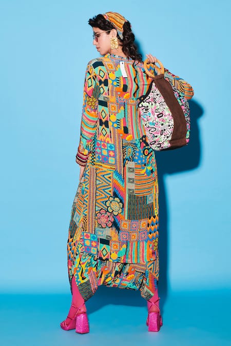 Shop_Esha L Amin_Multi Color Viscose Embroidery Mandarin Collar Aztec Geometric Print Kurta _at_Aza_Fashions